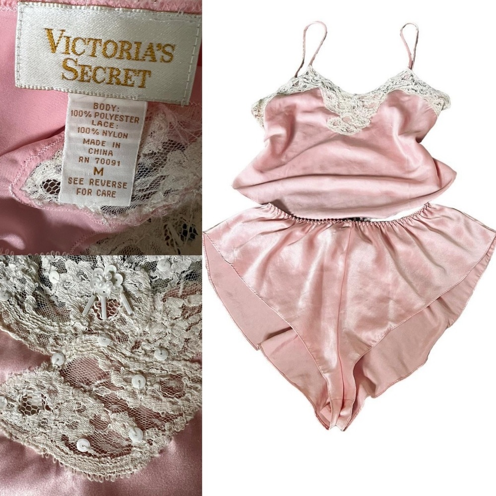 Vintage 90s Victoria’s Secret Gold Label Rococo Pink White Satin Lace Pajama Set